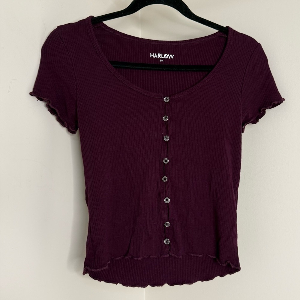 Harlow Cropped Burgundy Ribbed Button-Up Crop Top | Lettuce Hem | Size Small